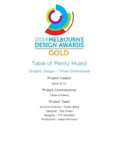 2014 Melbourne Design Awards Gold. Table of Plenty Muesli. Graphic Design Three Dimensional Certificate