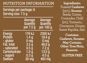 Table of Plenty Dukkah - Spicy Nutritional panel