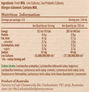 Table of Plenty Natural Kefir Nutritional Panel Ingredients