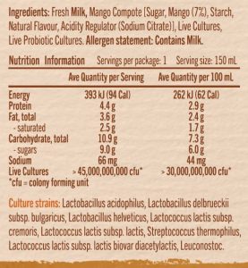 Table of Plenty Mango Kefir Nutritional Panel Ingredients