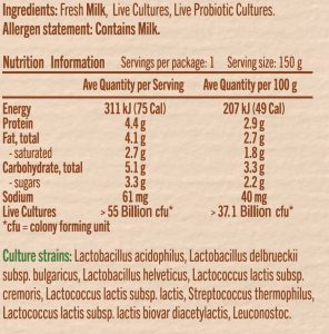 Table of Plenty Kefir Nutritional Panel