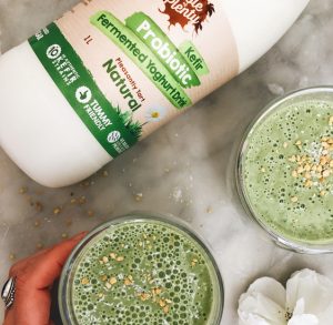 Kefir Green Smoothie with Table of Plenty Kefir Probiotic Fermented Yogurt drink