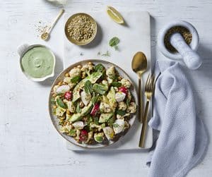 Roasted cauliflower, avocado salad with Pistachio Dukkah